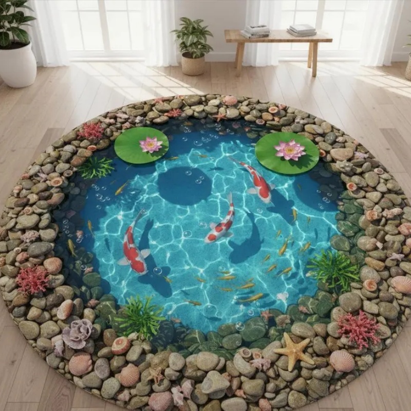Home Goods Bathroom Rugs - 2D Görsel Koi Balık Havuzu Yuvarlak