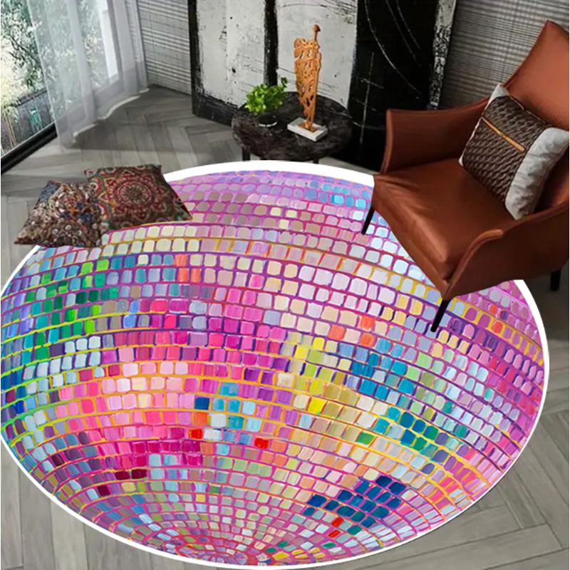 Home Goods Bathroom Rugs - Renkli Kare Desenli Yuvarlak Yer Matı